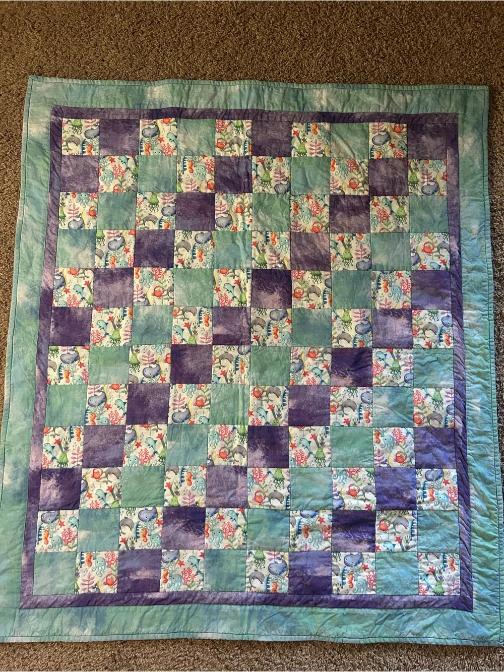 Handmade Patchwork Quilt Seafoam Green & Purple 90s Ocean Animals Waterpaint